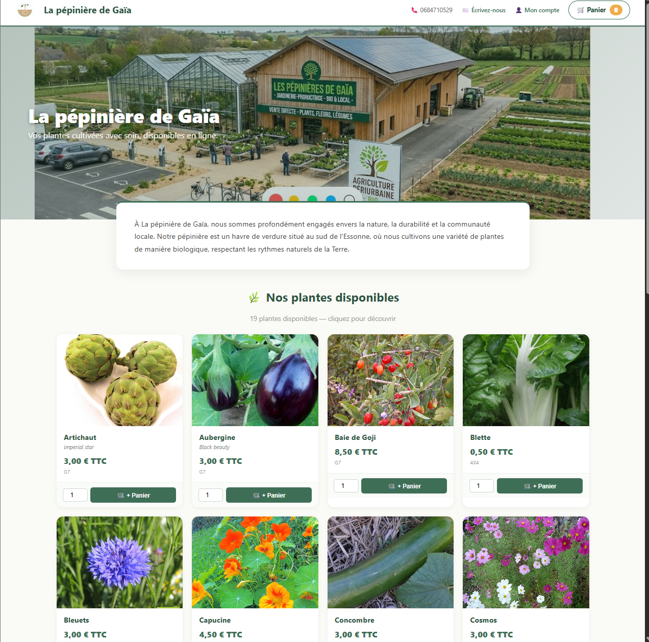 Page d'accueil de la boutique en ligne — bannière photo de la pépinière et présentation