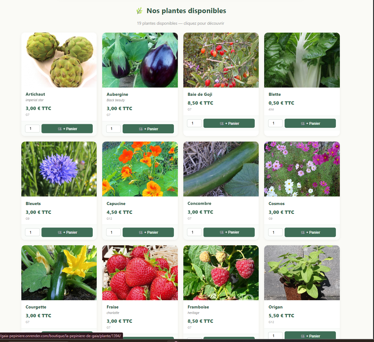 Grille de plantes dans la boutique en ligne avec prix, photos et boutons panier