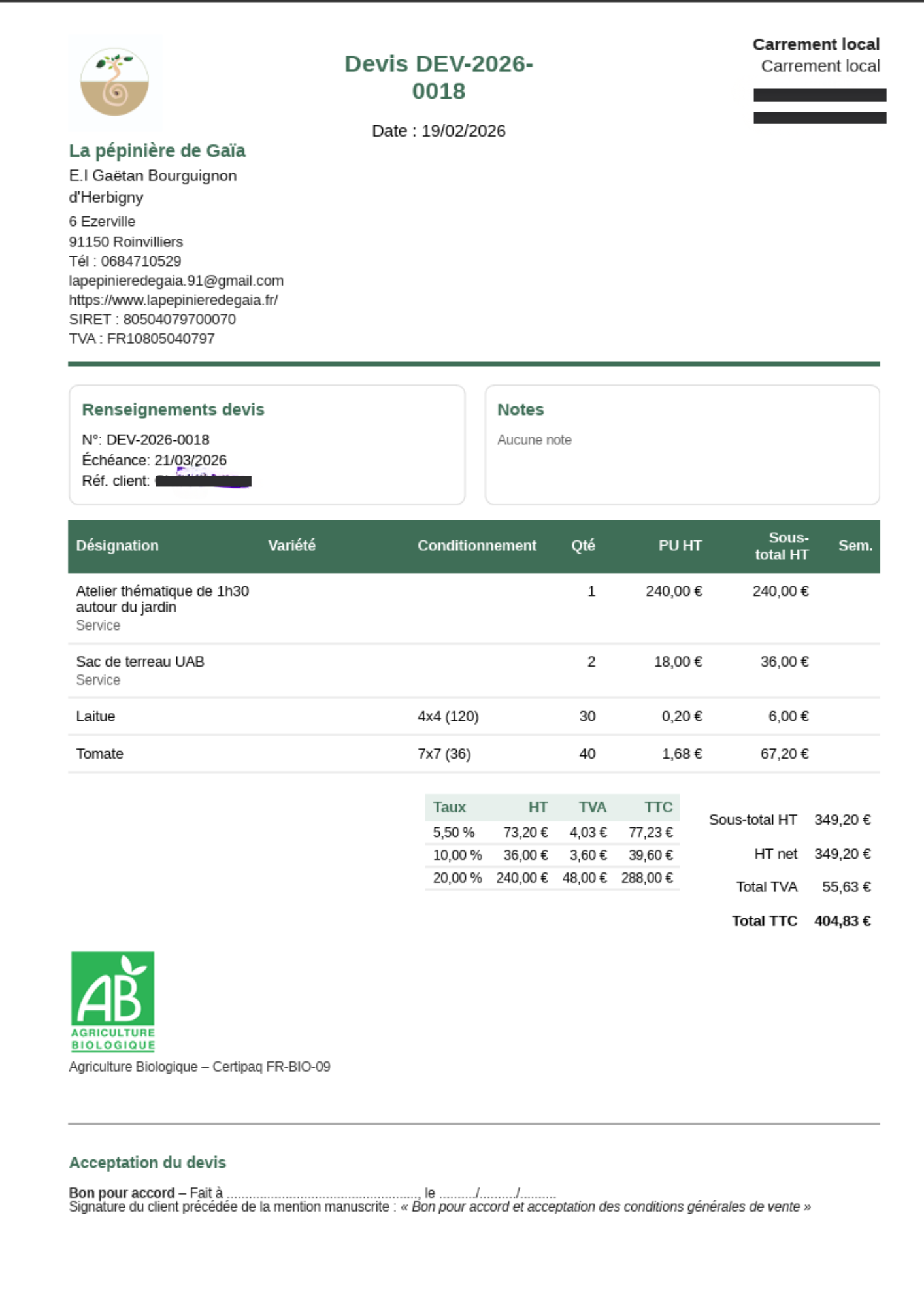 Exemple de devis PDF généré par Gaïa Pépinière